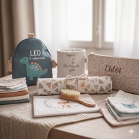 Ensemble d'accessoires bébé personnalisés comprenant un sac à dos maternelle dinosaure, une trousse de toilette fleurie, un tapis à langer nomade, un protège carnet de santé renard et une brosse à cheveux bébé en bois, présentés sur une table.