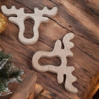 Anneau de dentition tête de cerf en bois de hêtre naturel 9 cm pour création d'accessoires bébé DIY et éveil sensoriel.