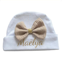 Bonnet bébé naissance coton blanc avec gros nœud gaze de coton Sablé