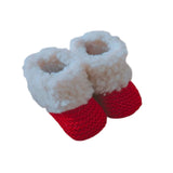 chausson bebe  laine avec fourrure moumoute de couleur rouge 