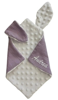 doudou plat lapin de couleur mauve en gaz de coton et mink yblanc 